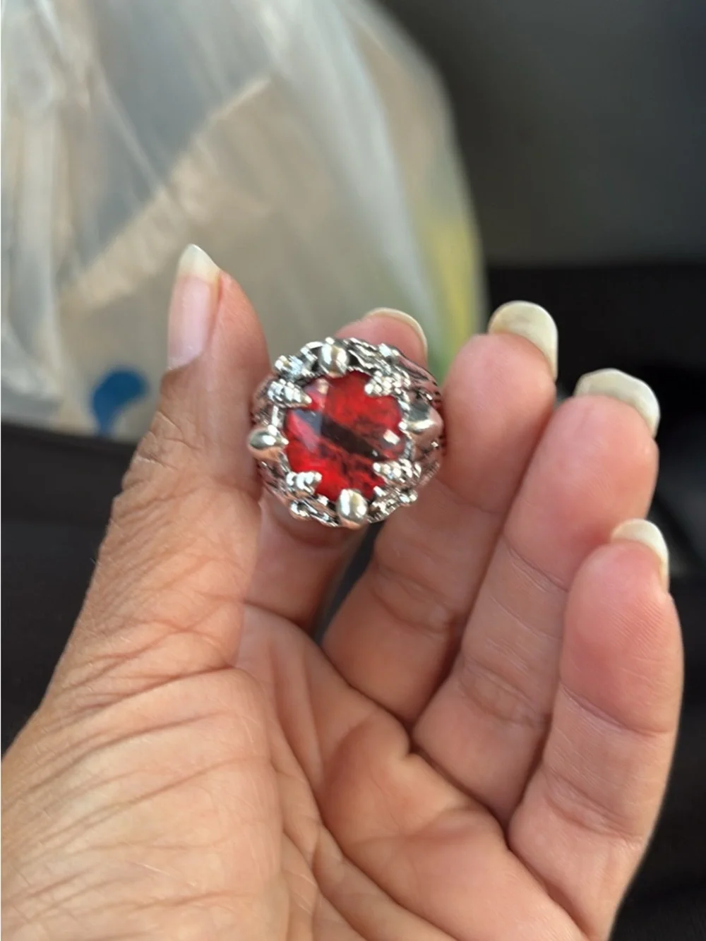 Red Crystal Silver Cocktail Ring - Elegant Women's Statement Jewelry